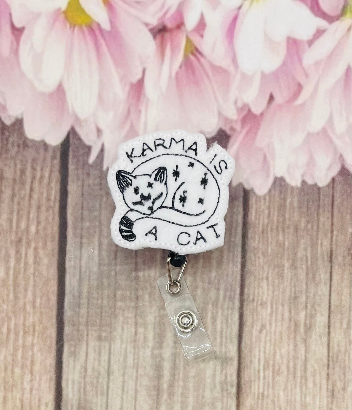 Taylor swift themed badge reels Karma is a cat