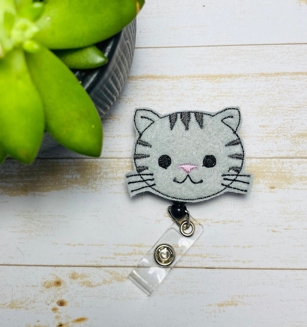 Grey Cat retractable Badge reel, ID badge holder, ID card holder, ID badge reel, nurse gift, librarian gift