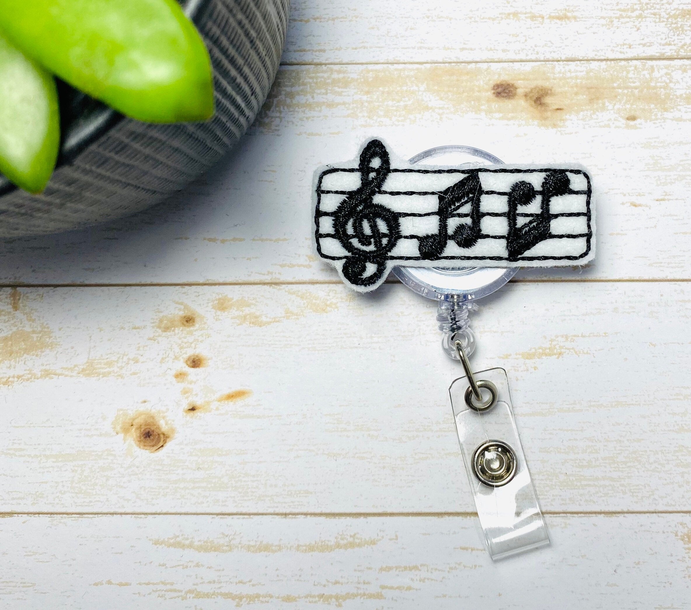 Music notes retractable badge reel White