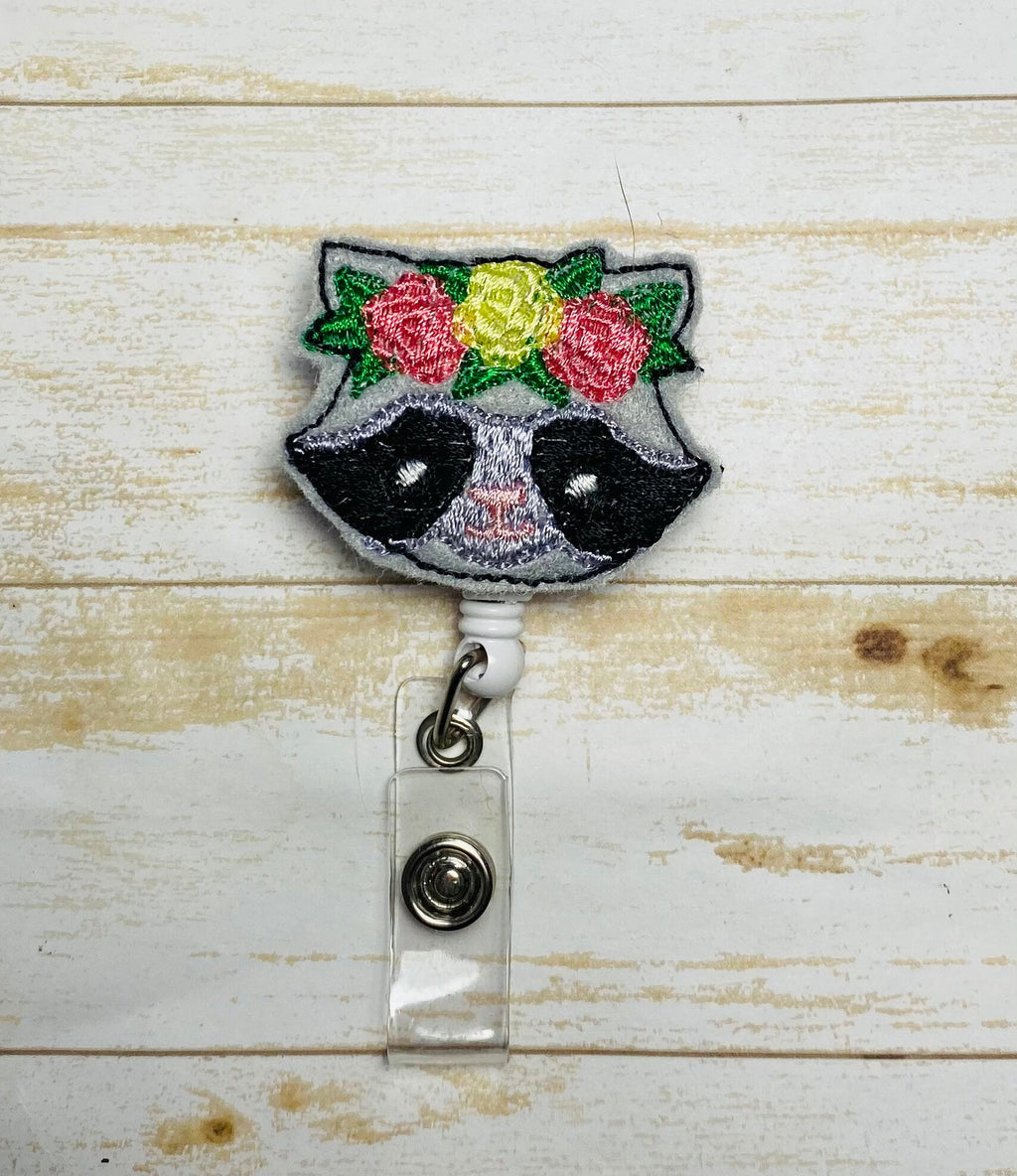 Floral raccoon head retractable badge reel, badge holder, gifts for nurses,