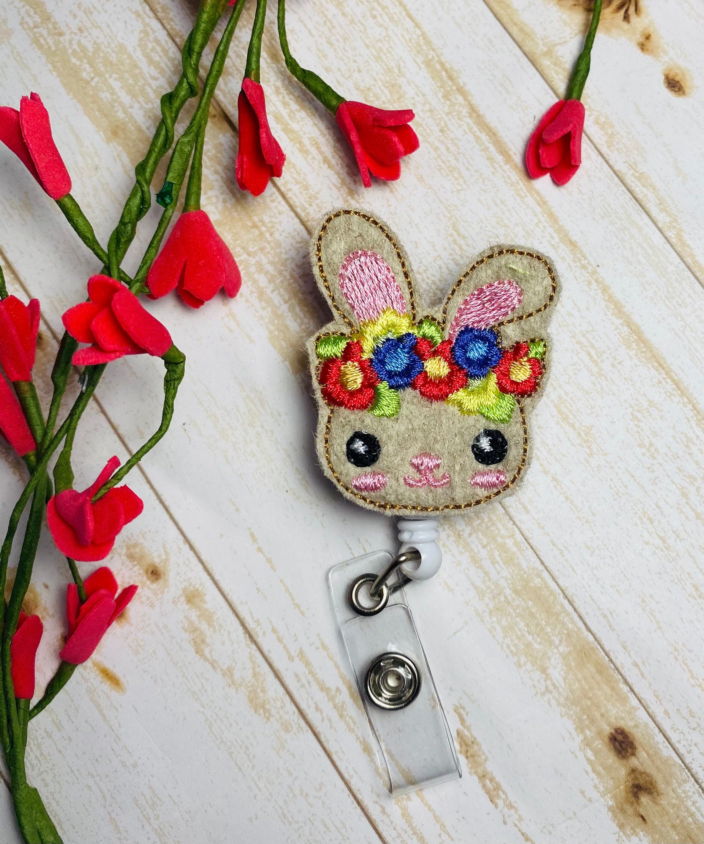 Floral crown Easter bunny retractable badge reel,