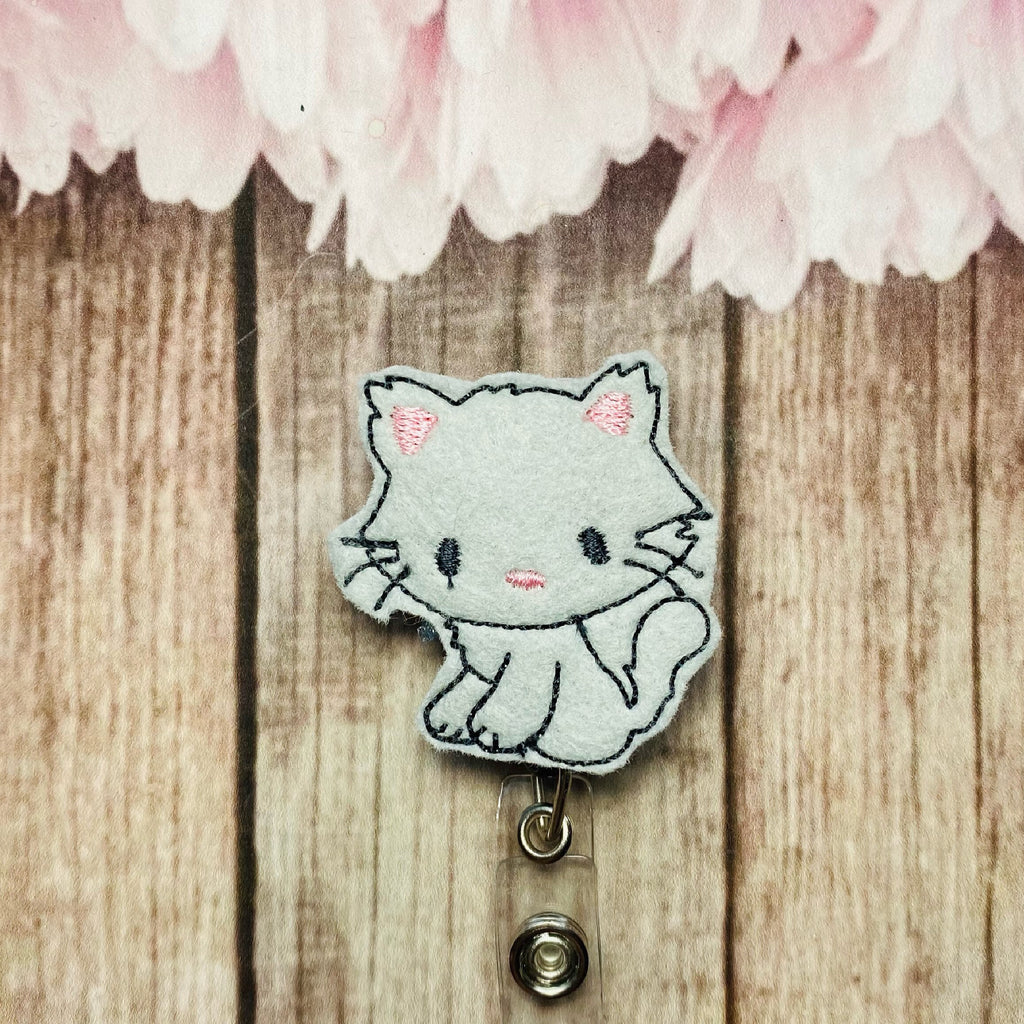 Grey Cat retractable Badge reel, ID badge holder, ID card holder, ID badge reel, nurse gift, librarian gift