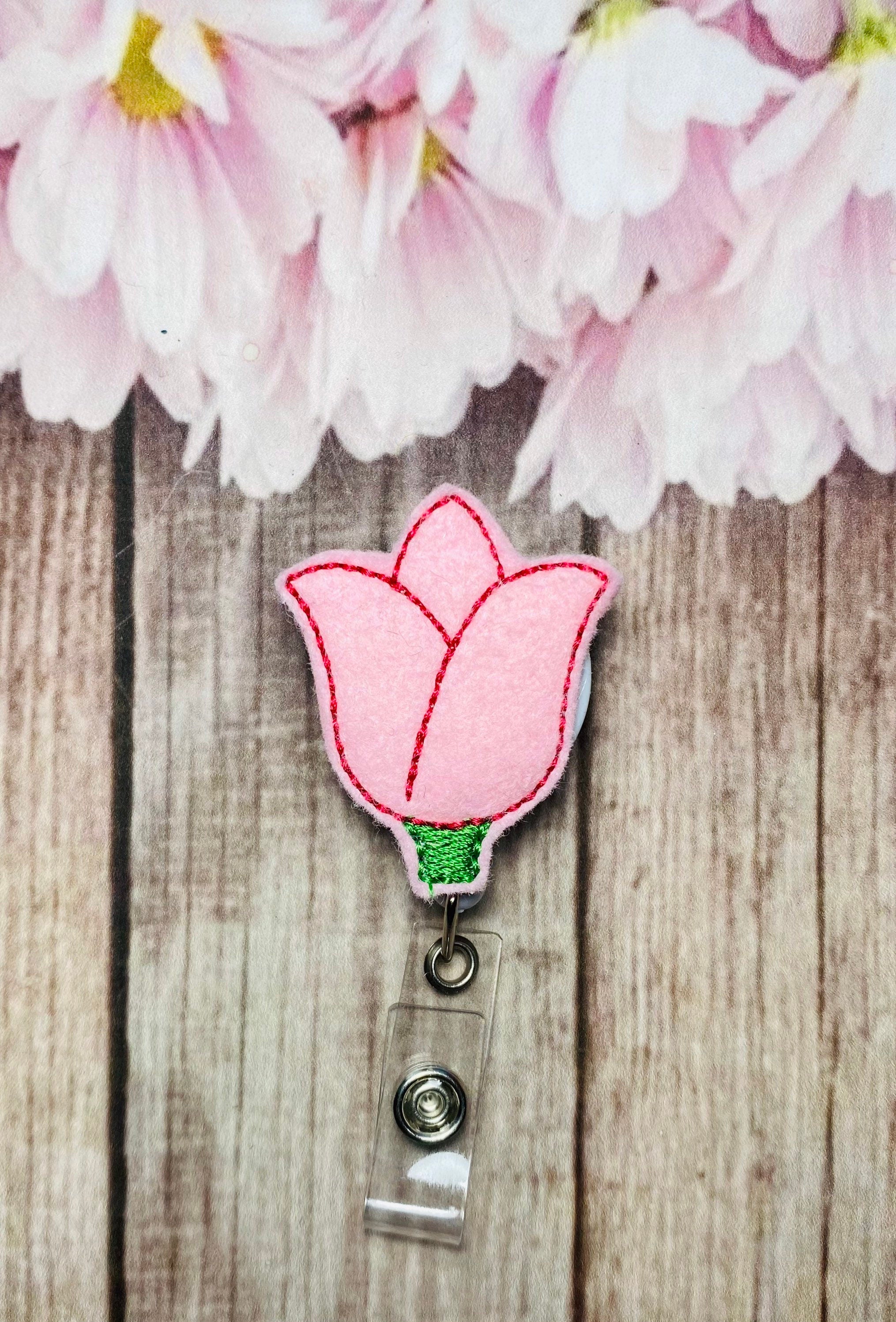 Tulip flower retractable badge reel pink tulip