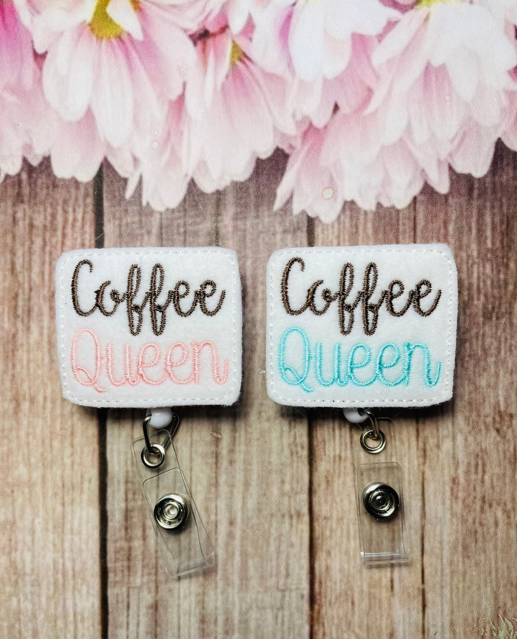 coffee queen nurse badge reel, feltie badge reel, ID name tag,