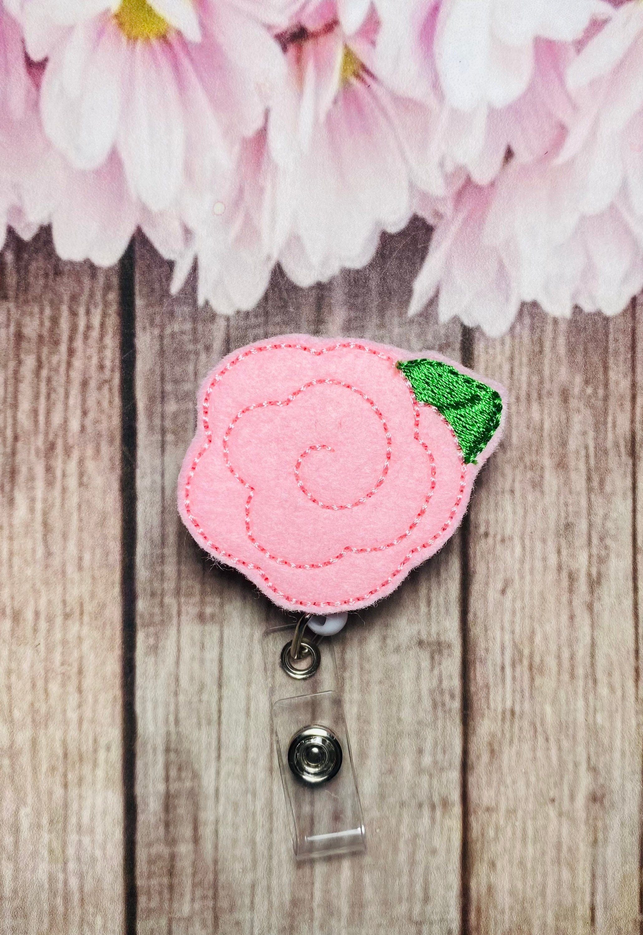 Rose flower retractable badge reel for nurses, Mother’s Day gift, pink rose