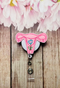 Uterus with flower retractable badge reel lanyard