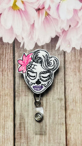 sugar skull retractable badge reel, sugar skull plannerclip