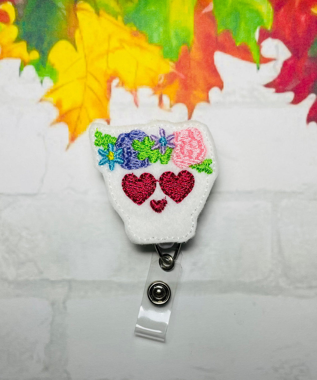Floral skull badge reel, skull planner clip