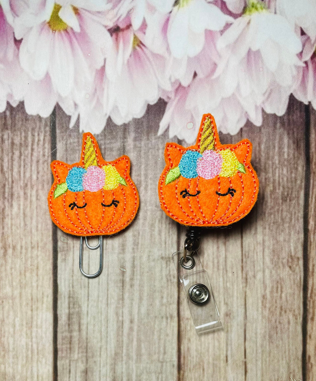 Unicorn pumpkin badge reel, unicorn pumpkin planner clip