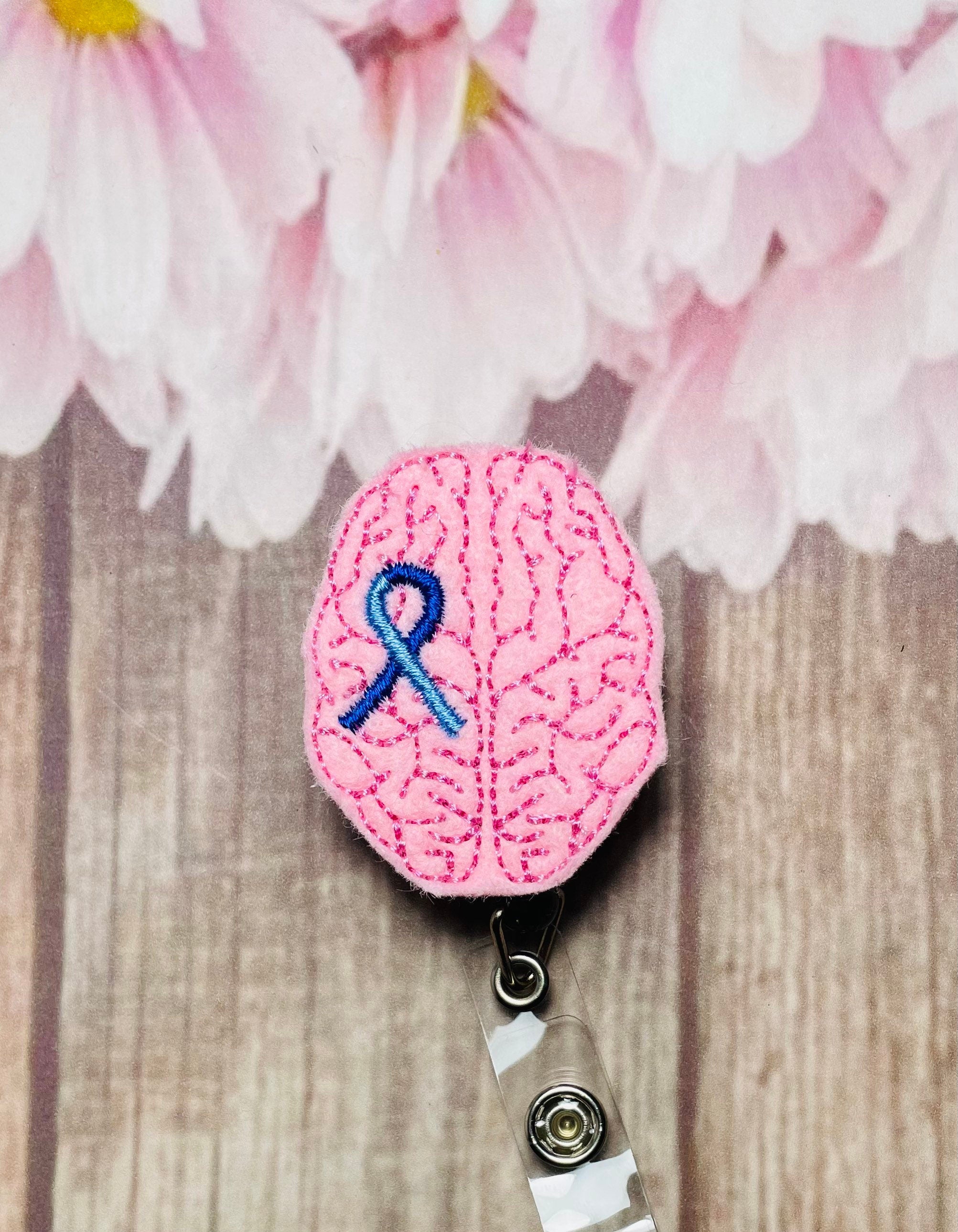 Brain shunt awareness retractable badge reel, ID lanyard brain with ribbon