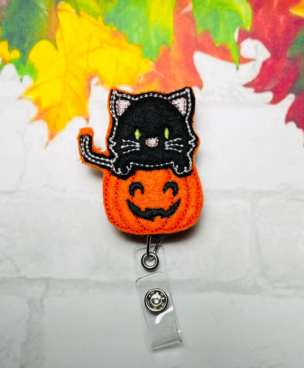 Cute pumpkin cat badge reel,