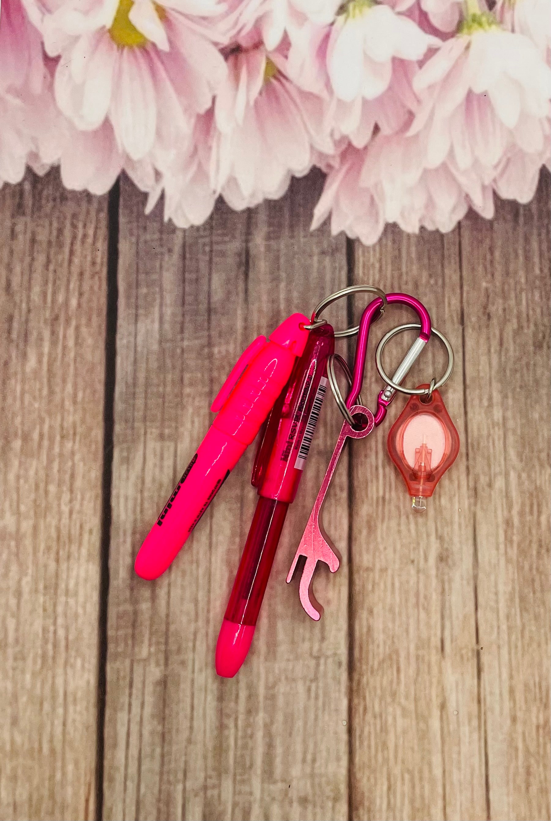 Pink badge pen clip keychain