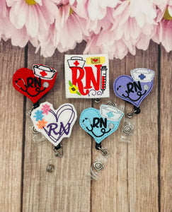 Red RN heart retractable Badge reel, badge reel, ID badge holder, registered nurse gift