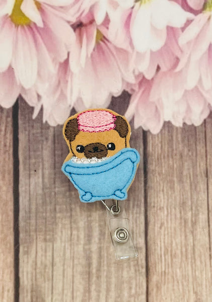 Pug in a tub badge reel – tabbycatclips